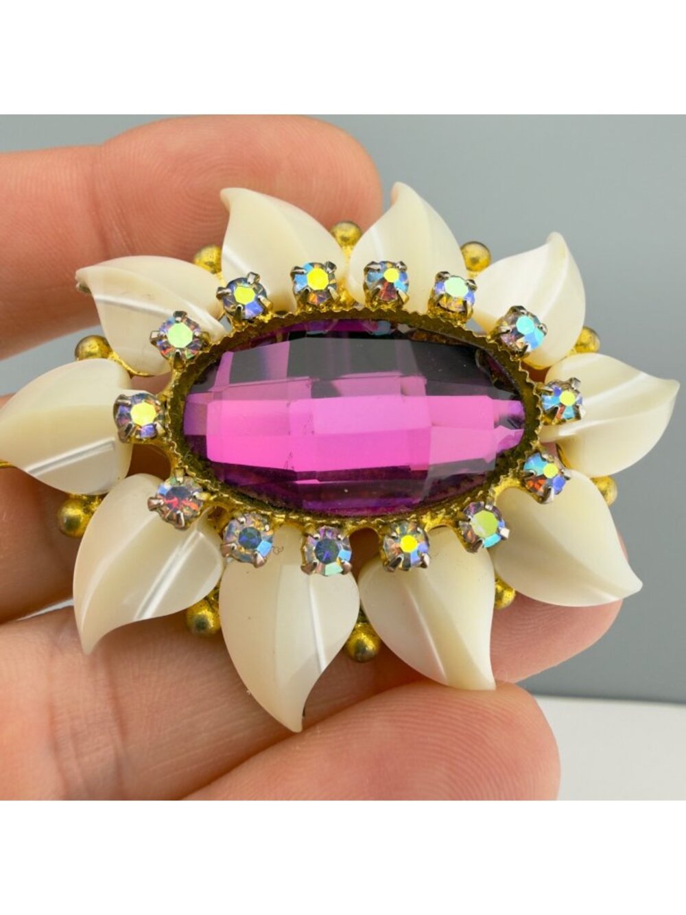 Vintage Mother of Pearl Brooch Rhinestone Flower Purple Glass AB 2.5"